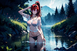 (masterpiece, best quality, highres, photorealistic:1.2), (realistic, realistic skin texture:1.2), (natural skin texture, hyperrealism, sharp:1.2), yinlindef, red hair, very long hair, high ponytail hair, hair between eyes, pointy ears, hair ornament, hairband, purple eyes, glowing eyes, saggy breast, deep neckline, (white t-shirt, tight black panties, wet clothes, see through:1.1), earrings, fine gold necklaces, fine gold anklet, bare shoulders, bare belly, bare legs, blur background, deep of field, midnight, rain drop, blacklight, neon, distant look, winking smile, looking at viewer, immersed in water, half immersed in water, partially immersed in water, comes out of the water in a sexy way, arms raised with hands in hair