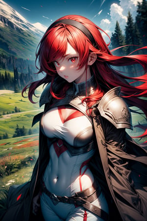 Masterpiece, Best quality, High resolutions, girl, long red hair, a headband, (large chest) chest 50 cm, protective chest armor, white skin, very sexy, beautiful red eyes, noble hunter girl clothes, clothing white, brown pants, a dark coat, a combination of a meadow background,eris_greyrat