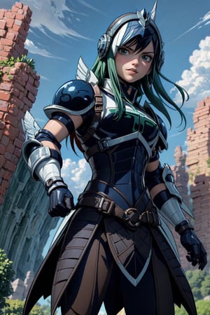 masterpiece, best quality, high resolution, fairy tale, He is in a heroic pose, he wears black and white armor with blue details, including two large, pointed shields, his helmet has an angular design and covers part of his face, showing just the eyes and mouth. The background with blue sky and white clouds, along with green rock formations, suggests that the scene takes place outdoors.,erzascarlet,fairy tail