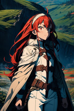 Masterpiece, Best quality, High resolutions, girl, long red hair, a headband, (large chest) chest 50 cm, protective chest armor, white skin, very sexy, beautiful red eyes, noble hunter girl clothes, clothing white, brown pants, a dark coat, a combination of a meadow background,
