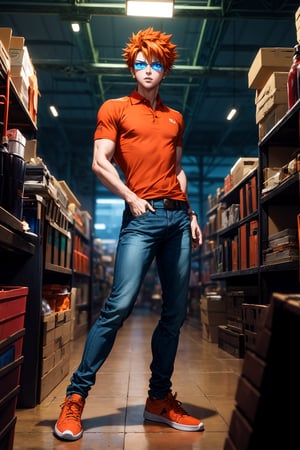 masterpiece, best quality, man, tall spiky orange hair, blue lenses, brown eyes, orange polo shirt, green t-shirt, jeans pants,