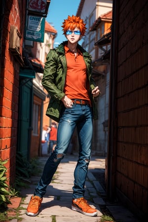 masterpiece, best quality, man, tall spiky orange hair, blue lenses, brown eyes, orange polo shirt, green jacket, jeans pants,