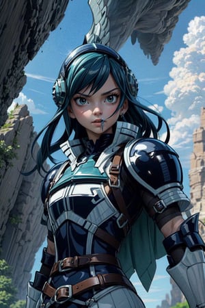masterpiece, best quality, high resolution, fairy tale, He is in a heroic pose, he wears black and white armor with blue details, including two large, pointed shields, his helmet has an angular design and covers part of his face, showing just the eyes and mouth. The background with blue sky and white clouds, along with green rock formations, suggests that the scene takes place outdoors.,erzascarlet,fairy tail
