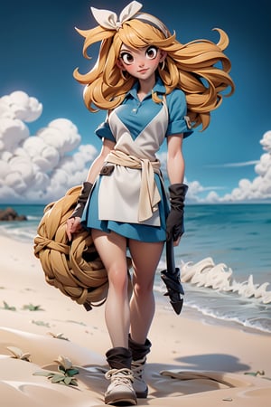 kawaii, illustration, (epsilon solution:1.4), (Blade Runner style:1.2), BREAK
Masterpiece, Best quality, High resolutions, girl, long blonde hair, curved body, chest 88 cm, waist 59 cm, hip 88 cm, beautiful body, very sexy, maid style dress. Her dress is primarily black with white details, including a white apron tied around her waist. The top part of the dress has short white sleeves and a white collar, adorned with a red ribbon in the center that forms a bow. She also wears black gloves that reach to her forearm and a white headband on her head., Background on the beach shore, lucy heartfilia, blonde hair, lucy heartfilia, brown eyes, lucy heartfilia,3DMM