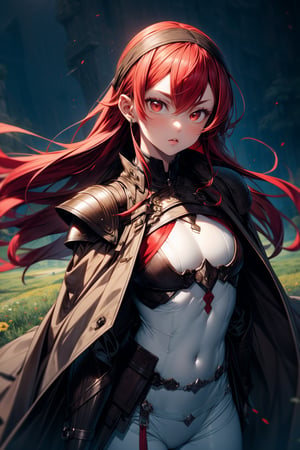 Masterpiece, Best quality, High resolutions, girl, long red hair, a headband, (large chest) chest 50 cm, protective chest armor, white skin, very sexy, beautiful red eyes, noble hunter girl clothes, clothing white, brown pants, a dark coat, a combination of a meadow background,eris_greyrat
