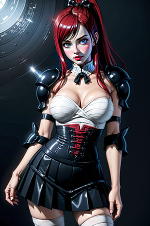Masterpiece, Best quality, High resolutions, girl, scarlet red long ponytail hair, curved body, (big chest) chest 88cm, waist 59cm, hip 88cm, beautiful female model body, white skin, very sexy, Gothic Lolita style, outfit in contrasting colors, such as black and white, and details such as bows, ruffles and lace, youthful and feminine appearance, with a short, pleated skirt, a tight blouse and striped stockings. ., black background, scarlet red hair, realistic and beautiful face, brown eyes, Erza Scarlet lolita gotica ,ErzaScarletArmorReal,fairy tail, 1girl, long hair, red hair, armor, shoulder armor
