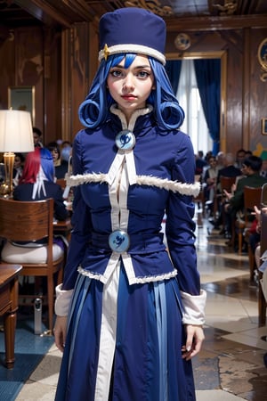 Masterpiece, Best quality, High resolutions, Masterpiece, Best quality, High resolutions, realistic version, young girl's face, beautiful
short blue hair with straight bangs and a colorful headband. Her eyes are also blue. The guild mark is on her left leg and is blue. She wears a navy blue coat, a shoulder-length shawl that she tied to the Teru Teru Bozu. plus a Russian Cossack hat, aajuvia, long hair, blue headdress,
,aajuvia,pale white,EpicMakeup,portrait,illustration,fcloseup,rgbcolor,JuviaLockserrealista,JuviaLockserreal,juviafisu