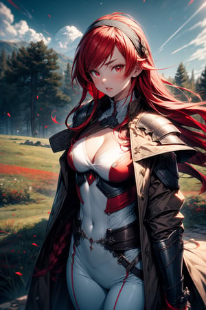 Masterpiece, Best quality, High resolutions, girl, long red hair, a headband, (large chest) chest 50 cm, protective chest armor, white skin, very sexy, beautiful red eyes, noble hunter girl clothes, clothing white, brown pants, a dark coat, a combination of a meadow background,eris_greyrat