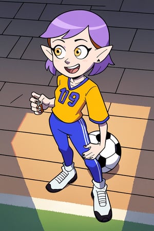 score_9, score_8_up, score_7_up, 1 teen girl, Amity Blight, short purple hair, pointy ears, cleavage, small breast, football outfit, yellow eyes, vibing, shadows, masterpiece, best quality, cartoon,