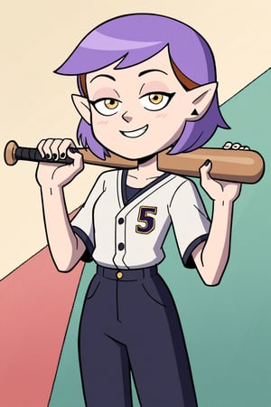 score_9, score_8_up, score_7_up, 1 teen girl, Amity Blight, short purple hair, pointy ears, cleavage, small breast, baseball outfit, yellow eyes, cute smile, half closed eyes, holding baseball bat, shadows, masterpiece, best quality, cartoon,