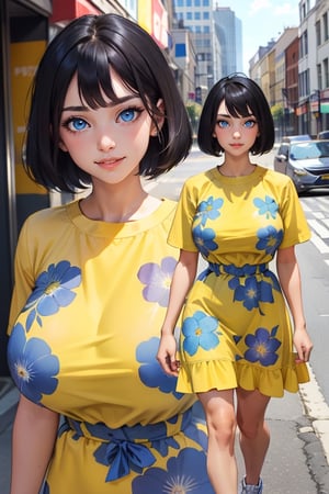 beautiful 15 year old teen girl, Blue eyes, dressed casually, (huge breasts:1.1), long black hair, bangs, hourglass body shape, slim waist, bob cut, ((wearing a thin yellow and Blue summer floral dress)), white trainers, on the street, SAM YANG, detailed background, light from front
(portrait),