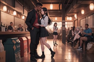 realistic, 8k resolution, uhd, (((interracial couple flirting))), big physical difference), (((sexual tension))), ((young pale schoolgirl flirting))), (((malicious older large black male standing flirting)), (((sexual innuendo))), crowded club, dirty floor,rubbish and empty bottles, (((drunk people))) 