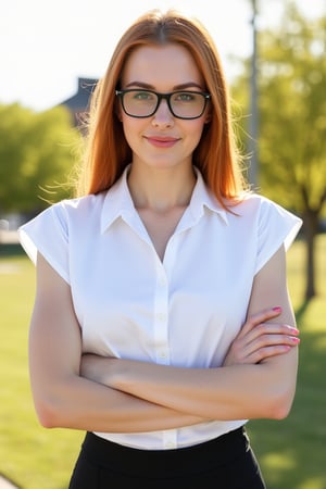 A very close up torso half body view portrait of a extremly fit shredded athletic youthful 27 year old eyeglasses wearing extremely pale ginger female federal attorney, wearing a capsleeve white professional shirt, beautiful woman, standing facing the cameraman symmetrical, capsleeve professional top, law firm, portrait photo, she has both arms crossed, she is standing outside in sunny Sioux falls South Dakota, she has long hair, wearing black eye glasses 

Very young youthful woman 

capsleeves are very wide, leaving her armpit skin fold fully visible and exposed, Cap sleeves are designed to cover the shoulder but not extend fully over the arm, often ending just past the shoulder. In this case, the woman's cap-sleeve gown is short enough that her armpits are visible. This could be due to the design of the shirt, or it could be a result of the pose she's striking. backlit