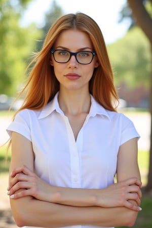 A very close up torso half body view portrait of a extremly fit shredded athletic youthful 27 year old eyeglasses wearing extremely pale ginger female federal attorney, wearing a capsleeve white professional shirt, beautiful woman, standing facing the cameraman symmetrical, capsleeve professional top, law firm, portrait photo, she has both arms crossed, she is standing outside in sunny Sioux falls South Dakota, she has long hair, wearing black eye glasses 

Very young youthful woman 

capsleeves are very wide, leaving her armpit skin fold fully visible and exposed, Cap sleeves are designed to cover the shoulder but not extend fully over the arm, often ending just past the shoulder. In this case, the woman's cap-sleeve gown is short enough that her armpits are visible. This could be due to the design of the shirt, or it could be a result of the pose she's striking. backlit