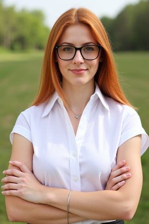 A very close up torso half body view portrait of a extremly fit shredded athletic youthful 27 year old eyeglasses wearing extremely pale ginger female lawyer wearing a capsleeve white professional shirt, beautiful woman, standing facing the cameraman symmetrical, capsleeve professional top, law firm, portrait photo, she has both arms crossed, she is standing outside in sunny Sioux falls South Dakota, she has long hair, wearing black eye glasses 

Very young youthful woman 

capsleeves are very wide, leaving her armpit skin fold fully visible and exposed, Cap sleeves are designed to cover the shoulder but not extend fully over the arm, often ending just past the shoulder. In this case, the woman's cap-sleeve gown is short enough that her armpits are visible. This could be due to the design of the shirt, or it could be a result of the pose she's striking. backlit