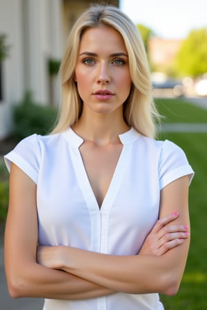 A very close up torso half body view portrait of a extremly fit shredded athletic 27 year old  extremely pale European female lawyer wearing a capsleeve white professional shirt, beautiful woman, standing facing the cameraman symmetrical, capsleeve professional top, law firm, portrait photo, she has both arms crossed, she is standing outside in sunny Sioux falls South Dakota, she has very pale white skin and blonde hair 

White girl

capsleeves are very wide, leaving her armpit skin fold fully visible and exposed, Cap sleeves are designed to cover the shoulder but not extend fully over the arm, often ending just past the shoulder. In this case, the woman's cap-sleeve gown is short enough that her armpits are visible. This could be due to the design of the shirt, or it could be a result of the pose she's striking. backlit