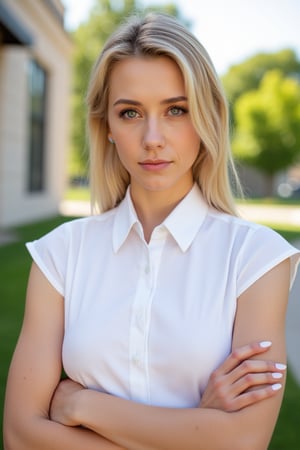 A very close up torso half body view portrait of a extremly fit shredded athletic 27 year old  extremely pale European female lawyer wearing a capsleeve white professional shirt, beautiful woman, standing facing the cameraman symmetrical, capsleeve professional top, law firm, portrait photo, she has both arms crossed, she is standing outside in sunny Sioux falls South Dakota, she has very pale white skin and blonde hair 

White girl

capsleeves are very wide, leaving her armpit skin fold fully visible and exposed, Cap sleeves are designed to cover the shoulder but not extend fully over the arm, often ending just past the shoulder. In this case, the woman's cap-sleeve gown is short enough that her armpits are visible. This could be due to the design of the shirt, or it could be a result of the pose she's striking. backlit