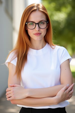 A very close up torso half body view portrait of a extremly fit shredded athletic youthful 27 year old eyeglasses wearing extremely pale ginger female federal attorney, wearing a capsleeve white professional shirt, beautiful woman, standing facing the cameraman symmetrical, capsleeve professional top, law firm, portrait photo, she has both arms crossed, she is standing outside in sunny Sioux falls South Dakota, she has long hair, wearing black eye glasses 

Very young youthful woman 

capsleeves are very wide, leaving her armpit skin fold fully visible and exposed, Cap sleeves are designed to cover the shoulder but not extend fully over the arm, often ending just past the shoulder. In this case, the woman's cap-sleeve gown is short enough that her armpits are visible. This could be due to the design of the shirt, or it could be a result of the pose she's striking. backlit