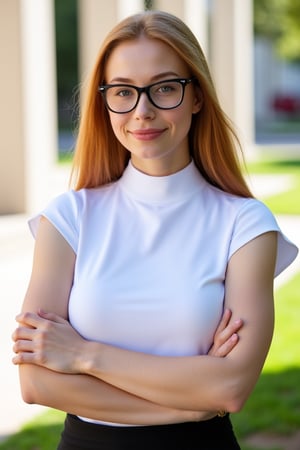 A very close up torso half body view portrait of a extremly fit shredded athletic youthful 27 year old eyeglasses wearing extremely pale ginger female federal attorney, wearing a capsleeve white professional shirt, beautiful woman, standing facing the cameraman symmetrical, capsleeve professional top, law firm, portrait photo, she has both arms crossed, she is standing outside in sunny Sioux falls South Dakota, she has long hair, wearing black eye glasses 

Very young youthful woman 

capsleeves are very wide, leaving her armpit skin fold fully visible and exposed, Cap sleeves are designed to cover the shoulder but not extend fully over the arm, often ending just past the shoulder. In this case, the woman's cap-sleeve gown is short enough that her armpits are visible. This could be due to the design of the shirt, or it could be a result of the pose she's striking. backlit