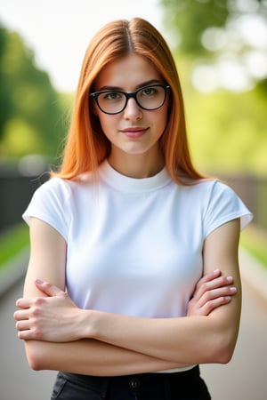 A very close up torso half body view portrait of a extremly fit shredded athletic youthful 27 year old eyeglasses wearing extremely pale ginger female federal attorney, wearing a capsleeve white professional shirt, beautiful woman, standing facing the cameraman symmetrical, capsleeve professional top, law firm, portrait photo, she has both arms crossed, she is standing outside in sunny Sioux falls South Dakota, she has long hair, wearing black eye glasses 

Very young youthful woman 

capsleeves are very wide, leaving her armpit skin fold fully visible and exposed, Cap sleeves are designed to cover the shoulder but not extend fully over the arm, often ending just past the shoulder. In this case, the woman's cap-sleeve gown is short enough that her armpits are visible. This could be due to the design of the shirt, or it could be a result of the pose she's striking. backlit