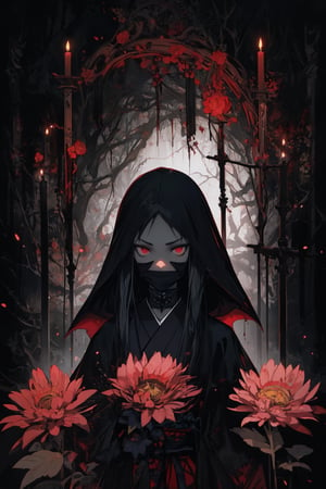 (ethereal dark fairy tale by Nicola Samori, JC Leyendecker), young anime girl fight stance in a dark forest holding sheath of a bloody katana, dark red kimono, chrysanthemum floral décoration, (dark + gothic, + foreboding background:1.4), more detail XL,Oni, Demon,Red Mask,J ONI,ASU1,SAM YANG,ARI1