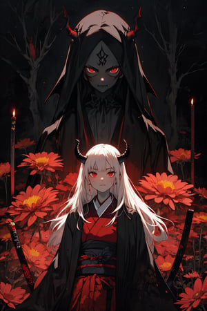 (ethereal dark fairy tale by Nicola Samori, JC Leyendecker), young anime girl fight stance in a dark forest holding sheath of a bloody katana, dark red kimono, chrysanthemum floral décoration, (dark + gothic, + foreboding background:1.4), more detail XL,Oni, Demon,Red Mask,J ONI,ASU1,SAM YANG,ARI1