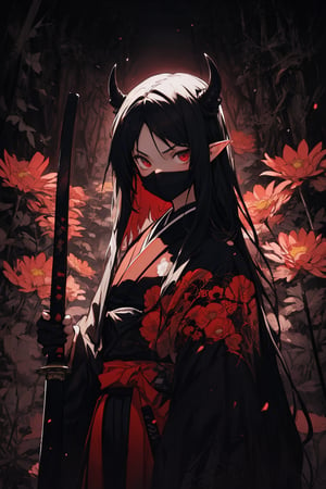 (ethereal dark fairy tale by Nicola Samori, JC Leyendecker), young anime girl fight stance in a dark forest holding sheath of a bloody katana, dark red kimono, chrysanthemum floral décoration, (dark + gothic, + foreboding background:1.4), more detail XL,Oni, Demon,Red Mask,J ONI,ASU1,SAM YANG,ARI1