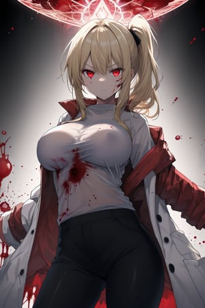 long hair, side ponytail, blonde hair, red eyes, human female, black and white coat, large breast, white t-shirt, see through shirt, black pants, serious, clothes covered in blood, blood aura. red aura, posing ,ARI1,aura_power