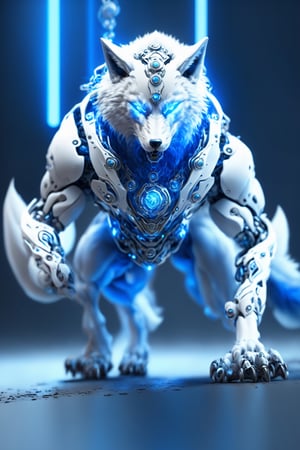 crawling white and blue stone werewolf fighting hightech bio robot,intricate mech details, ground level shot, 8K resolution, Cinema 4D, Behance HD, polished metal, Unreal Engine 5, rendered in Blender, sci-fi, futuristic, trending on Artstation, epic, cinematic background, dramatic, atmospheric,full_body, movie still, action_pose, cyborg style,DonMCyb3rN3cr0XL ,photo r3al,Spirit Fox Pendant