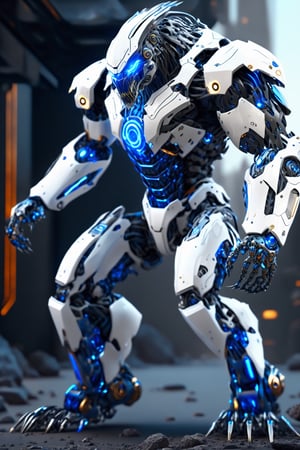 crawling white and blue stone werewolf fighting hightech bio robot,intricate mech details, ground level shot, 8K resolution, Cinema 4D, Behance HD, polished metal, Unreal Engine 5, rendered in Blender, sci-fi, futuristic, trending on Artstation, epic, cinematic background, dramatic, atmospheric,full_body, movie still, action_pose, cyborg style,DonMCyb3rN3cr0XL ,photo r3al