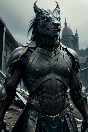 Create an image of a demonic werewolf with its sharp claws and teeth that can pierce steel and its massive body that can subdue its prey without resistance, it lives in a no man's land where a carcass surrounds it, making it very realistic and detailed, wearing blue and white armor, with gold details, highly realistic, FHD, UHD, HDR,lord of the rings (but careful with the word "lord"),futureaodai,dragonborn