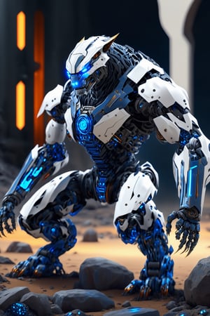 crawling white and blue stone werewolf fighting hightech bio robot,intricate mech details, ground level shot, 8K resolution, Cinema 4D, Behance HD, polished metal, Unreal Engine 5, rendered in Blender, sci-fi, futuristic, trending on Artstation, epic, cinematic background, dramatic, atmospheric,full_body, movie still, action_pose, cyborg style,DonMCyb3rN3cr0XL 
