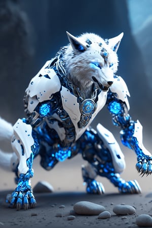 crawling white and blue stone werewolf fighting hightech bio robot,intricate mech details, ground level shot, 8K resolution, Cinema 4D, Behance HD, polished metal, Unreal Engine 5, rendered in Blender, sci-fi, futuristic, trending on Artstation, epic, cinematic background, dramatic, atmospheric,full_body, movie still, action_pose, cyborg style,DonMCyb3rN3cr0XL ,photo r3al,Spirit Fox Pendant