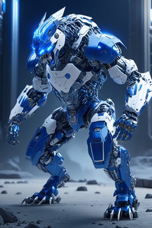 crawling blue and white stone werewolf fighting hightech bio robot,intricate mech details, ground level shot, 8K resolution, Cinema 4D, Behance HD, polished metal, Unreal Engine 5, rendered in Blender, sci-fi, futuristic, trending on Artstation, epic, cinematic background, dramatic, atmospheric,full_body, movie still, action_pose, cyborg style