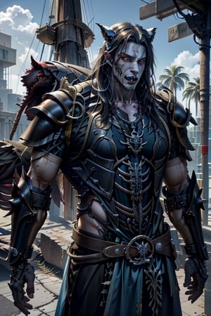Create an image of a demonic werewolf with his sharp claws and teeth that can pierce steel and his massive body that can subdue his prey without resistance, he lives in a no man's land where a carcass surrounds him, making him very realistic and detailed, wearing blue and white armor, muscular, medieval, body armor, well detailed, with gold details, highly realistic, FHD, UHD, HDR, 3D, blue + white, t0r3t0, futureaodai, miami darryl, muscular,sexypirate,DonMWr41th