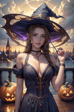 ((masterpiece)), (best quality), (cinematic), Slender, skinny, Big Chest, biggest breasts, witch_dress, close-up, puddles of water, long brown hair, bangs, green eyes, freckles on cheeks, wind, detailed face, detailed body, dark gray sky, glow, clouds, city halloween, floating bubbles (cinematic, colorful), (extremely detailed), clouds, highly detailed face,aerith gainsborough,aerith gainsborough \(cosplay\),choker, wearing a halloween costume, cute_fang, cute_smile, Happy expression, witch_hat, holding a pumpking, big_boobs