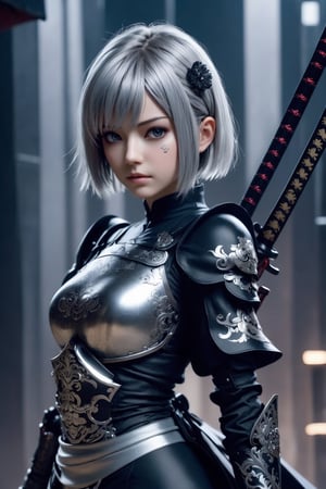 2B Nier automata in a black and silver full samurai armor with a sword katana, in the style of futuristic glamour, animated gifs, stefan gesell, algorithmic artistry, android jones, tim hildebrandt, pop art consumer culture ((silver short hair)) ((katana)) ((samurai armor)) ((black and silver armor)) (cute face) 8k, ((extra detail eyes)) ((complex armor))