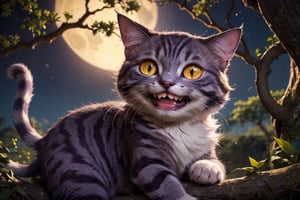 horror cat, cheshire cat, big smile, terror tree, purple hair, sitting_down, sit on a top tree, bloody, (((detail eyes))), Night, full moon, one cat, smiling, ((yellow eyes)), ((scary)) ((big smile)) ((dry tree))