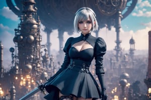 A beautiful 2B Nier Automata. splash art, fractal art, colorful, a winner photo award, detailed photo, Arnold render, 16K full battle woman with silver head in a steampunk landscape remove watermarks ((big boobs)) ((big ass)) ((long sword)) ((black skirt)) ((pod))