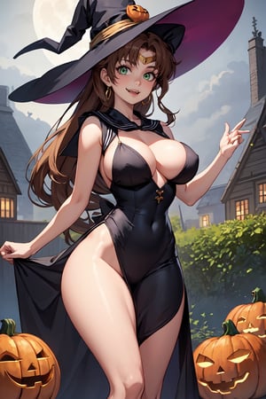 Sailor Jupiter from Sailor Moon, (masterpiece, best quality), 1girl, beautiful face,   makoto_kino, ponytail, long hair, ribbon, wearing a witch dress, witch_hat, pumpkins all around in a garden, full_moon, big_boobies, big_boobs, big_breast, big_hips, narrow_waist, cute_fangs, cute_smile, green-eyes, witch_hat