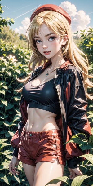 a woman wearing a black top and red shorts and red jacket and a red berert is standing making love and peace pose and, 1girl, bracelet, blond_hair, jewelry, letterboxed, lips, long_hair, makeup, medium_breasts, midriff, nail_polish, navel, necklace, nose, orange_sky, red_shorts, realistic, shorts, solo, sun, sunset, tattoo,wristband, yellow_background, yellow_sky, beautiful detailed glow, detailed, Cinematic light, intricate detail, highres, detailed facial features, high detail, sharp focus, smooth, aesthetic, extremely detailed, cute_fangs,stamp, octane, cute smile ((red beret)) render,colorful_girl_v2, garden background ((blonde hair))