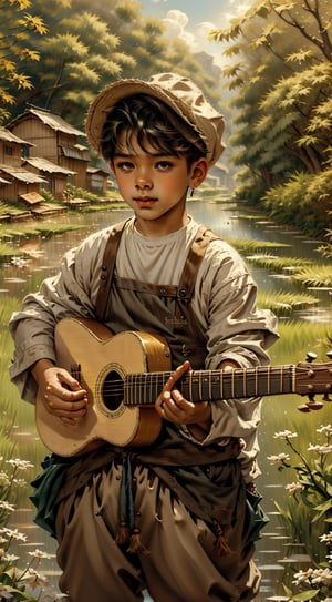 Create an image of a young boy playing an old guitar by a rice field in a small village, with a music producer listening in the background. Later, show the boy transformed into a famous singer performing on a big stage in a bustling city.,Fantasy detailers,Dynamic poses,Movement poses,Vintage children's illustrations 