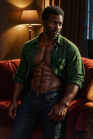 Create a photorealistic masterpiece of an African man in his 50s, standing thoughtfully on a plush velvet couch in a dimly lit living room. The subject wears a blue and green plaid shirt with rolled-up sleeves and dark-wash jeans. A single lamp casts long shadows across the room, highlighting extremely detailed skin texture and pores. Exquisite facial features are illuminated by beautiful lighting, showcasing a contemplative expression as he gazes out the window at the city lights below, set against a detailed background with perfect hand and finger details. The image should be incredibly realistic, with 8k quality and cinematic framing, complete with the best shadow and real-life insert.
