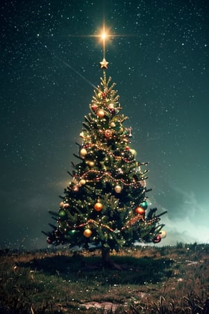 Christmas tree decorated and with lots of glowing lights in an open winter feild, memories, colorful, (photo-realisitc), nebula background, nebula theme,exposure blend, medium shot, bokeh, (hdr:1.4), high contrast, (cinematic, teal and green:0.85), (muted colors, dim colors, soothing tones:1.3)