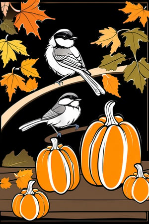 (best quality, masterpiece), (fall tabloie with  pumpkins and chickadee bird ) loving, friendly, kind, hugging,  dark simple background, cute, adorable