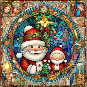 Happy, big smiles on  first christmas,   
 blessed, welcoming , cute, adorable, vintage, art on a cracked paper, fairytale, patchwork, stained glass, storybook detailed illustration, cinematic, ultra highly detailed, tiny details, beautiful details, mystical, luminism, vibrant colors, complex background