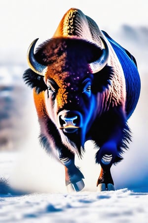 Place a single bison charging, Buffalo bills, 
 on a pure white  background fierce forcefully
Only use blue, red, while, black


