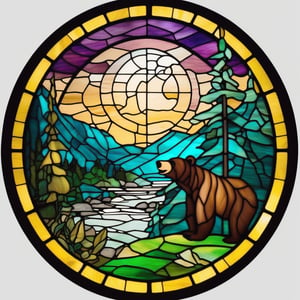 stained glass, circle, 1 bear, landscape, masterpiece, best quality, cute, beautiful