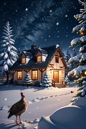  serene winter scene unfolds on the Christmas card, with delicate snowflakes drifting from a midnight sky. A cozy, snow-covered cottage nestles among frosted pine trees, adorned with twinkling lights that cast a warm glow. In the foreground a wild turkey. The card's muted colors evoke a peaceful ambiance, capturing the magic of a tranquil holiday evening.