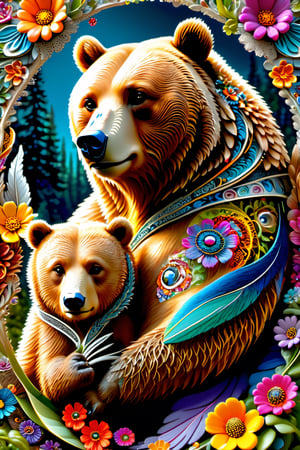 (masterpiece, top quality, best quality, official art, beautiful and aesthetic:1.2), (3 individuals in a bear family with momma bear and  papa bear and kid bear), extremely detailed,(fractal art:1.1), (colorful:1.1)(flowers:1.3),highest detailed,(zentangle:1.2), (dynamic pose), (abstract background:1.3), (many colors:1.4), ,(earrings), (feathers:1.5) 